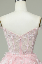 Vestido rosa de fiesta con corsé y hombros descubiertos con encaje Y2471