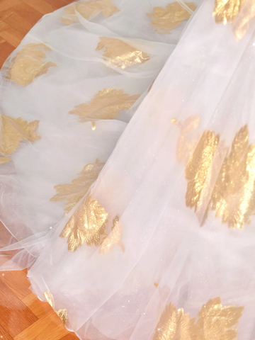 Gorgeous Gold Print Tulle Off The Shoulder Ball Gown A Line Prom Dress Evening Dress Y8618