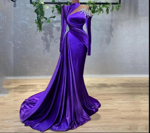 Vestido de noche de manga larga de terciopelo morado estilo árabe con aberturas, vestido de fiesta para mujer Y4933