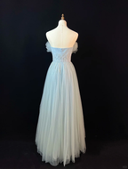 Robe de bal élégante en tulle bleu à sequins et perles, coupe trapèze, Y8646