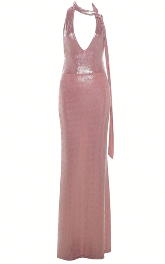 Vestido de fiesta rosa sexy con escote halter y espalda descubierta, ideal para eventos formales y graduaciones (modelo Y8166)