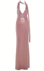 Vestido de fiesta rosa sexy con escote halter y espalda descubierta, ideal para eventos formales y graduaciones (modelo Y8166)