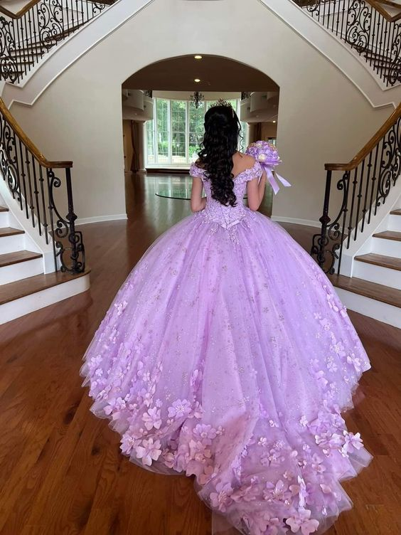 Vestido de gala de lujo color lavanda con hombros descubiertos, vestido para quinceañera, vestido de princesa Y7182