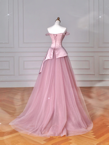 Elegant Feathers Neck Strapless Tulle Satin Ball Gown Pink A Line Prom Evening Dress Y8629
