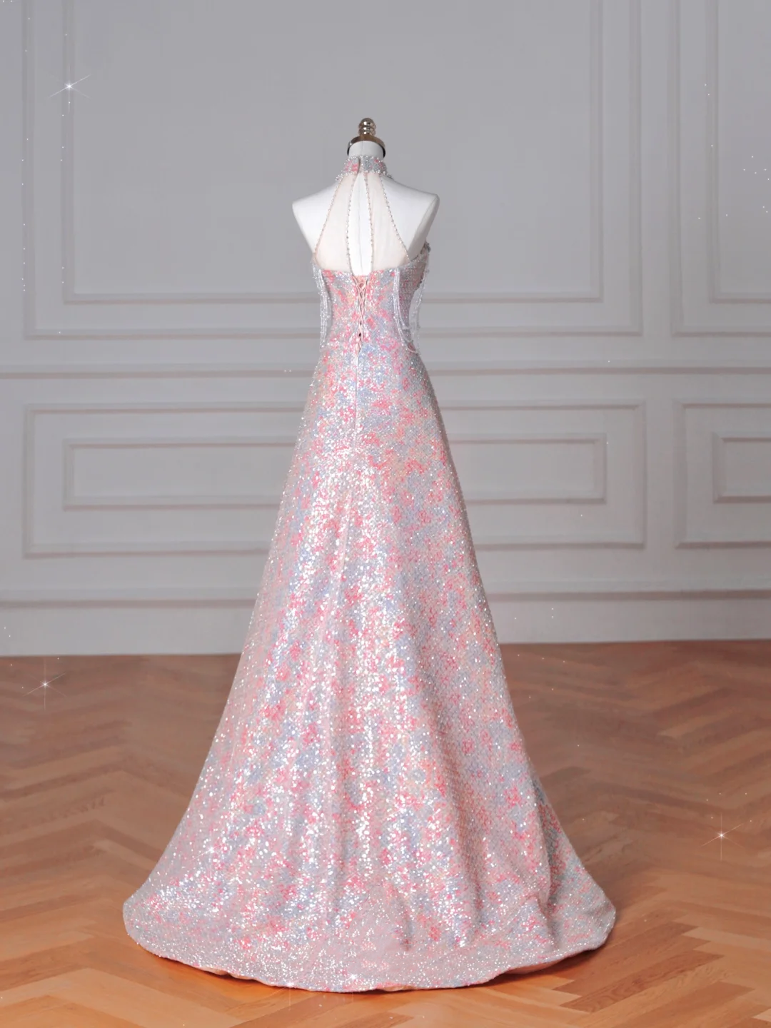 Precioso vestido de fiesta rosa con lentejuelas y cuentas, corte en A, modelo Y8637
