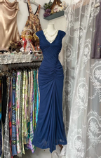 Vestido de noche vintage azul marino de gasa fruncida estilo sirena para fiesta o baile de graduación Y8076