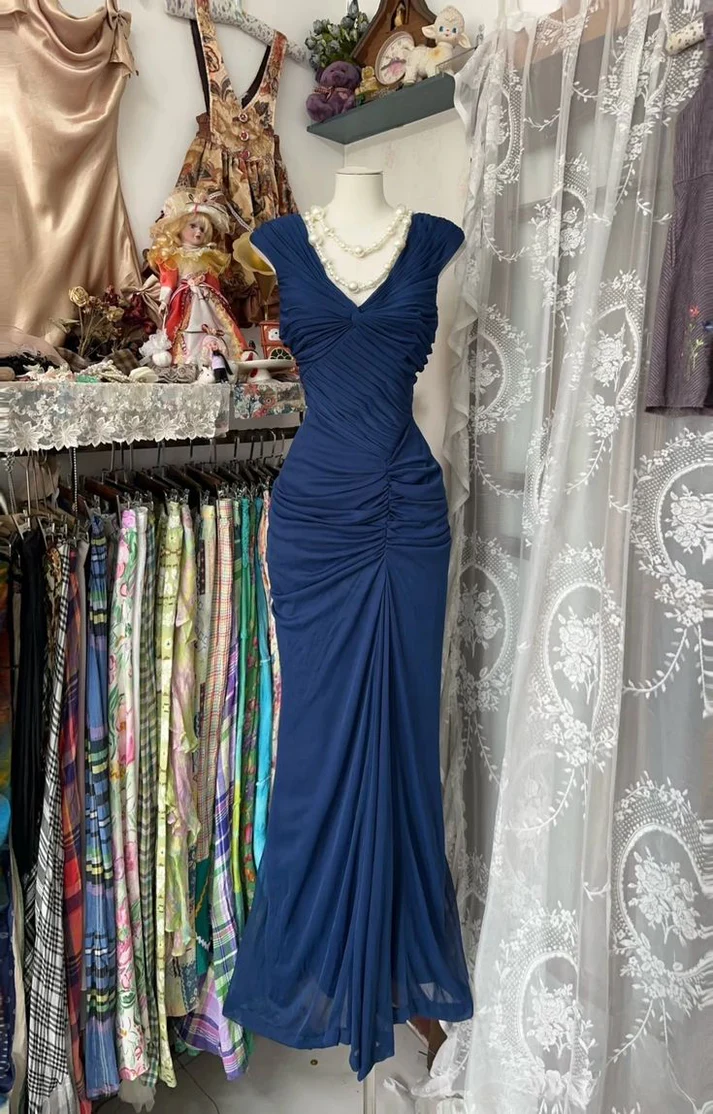 Vestido de noche vintage azul marino de gasa fruncida estilo sirena para fiesta o baile de graduación Y8076