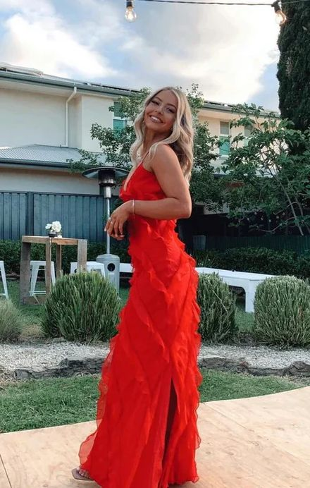Vestido largo de noche elegante con volantes rojos Y6823