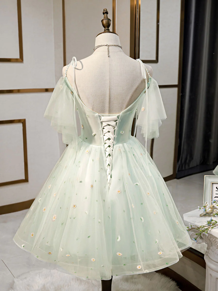Vestidos cortos de tul con escote corazón sencillo, vestidos verdes abullonados para fiestas de bienvenida Y2409