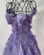 Vestido de noche de tul corte princesa con flores 3D / Vestido de graduación morado hecho a mano Y4677