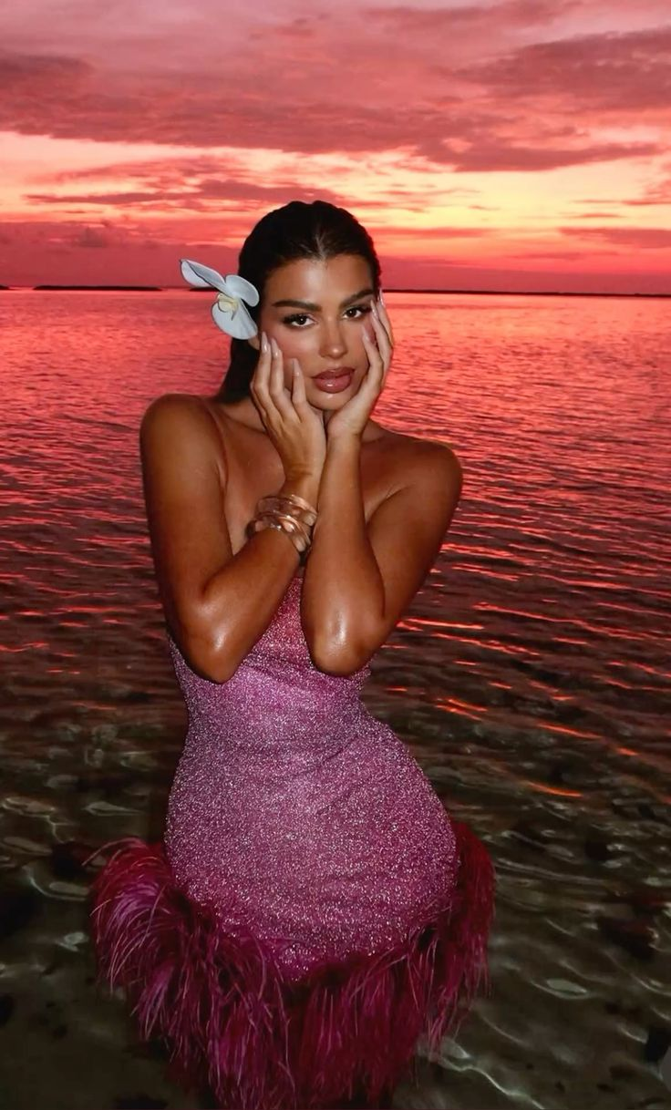 Vestido corto de fiesta único, estilo tubo, con lentejuelas rosas y plumas, modelo Y8332