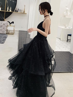 Vestidos de fiesta negros brillantes con escote en V, vestido de noche formal negro sin espalda con escote en V Y1148
