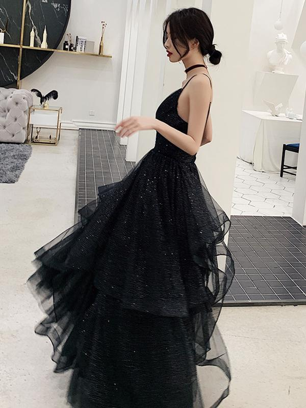 Vestidos de fiesta negros brillantes con escote en V, vestido de noche formal negro sin espalda con escote en V Y1148