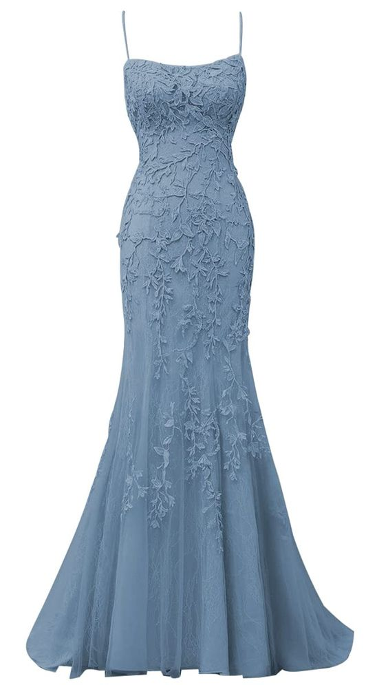 Vestido de fiesta largo de noche formal con tirantes finos, apliques de encaje y tul estilo sirena, espalda cruzada y diseño sin espalda (Y7383)