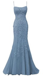 Vestido de fiesta largo de noche formal con tirantes finos, apliques de encaje y tul estilo sirena, espalda cruzada y diseño sin espalda (Y7383)