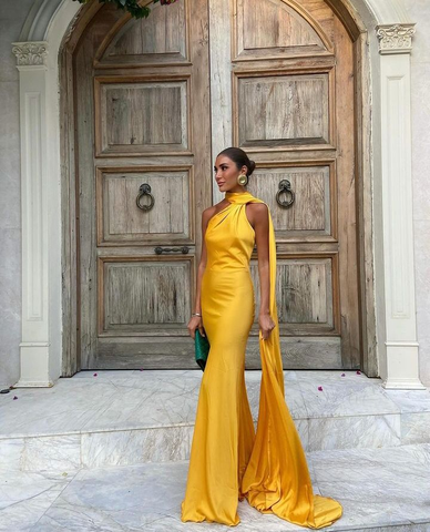 Yellow Satin Backless Off-Shoulder Long Prom Dress Evening Dress Y8466