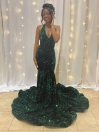 Robe de soirée longue moderne sirène à sequins et col en V Y5913