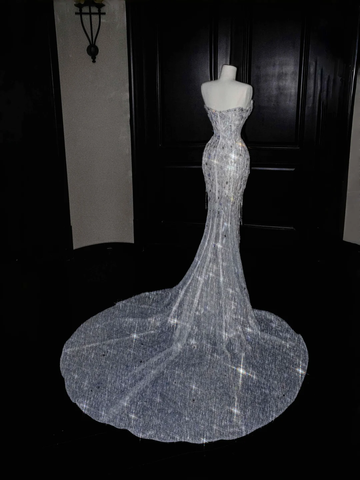 Sparkly Strapless Tulle Sequins Tassel Evening Dress,Slit Mermaid Prom Dress Wedding Dress Y8674