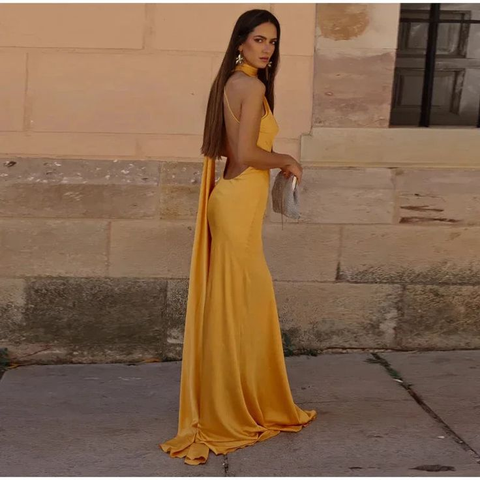 Yellow Satin Backless Off-Shoulder Long Prom Dress Evening Dress Y8466