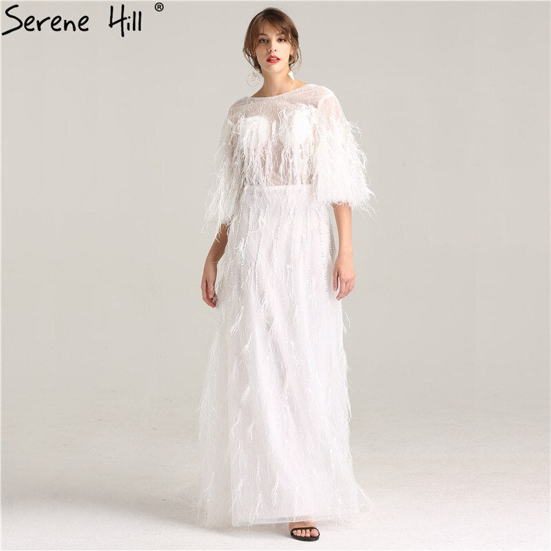 On Sale No Return No Refund Sale Half Sleeve Dream Feather Tassel  Evening Dresses 2025 White Pearls Fashion Sexy Formal Evening Gowns LA6225