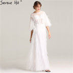 On Sale No Return No Refund Sale Half Sleeve Dream Feather Tassel  Evening Dresses 2025 White Pearls Fashion Sexy Formal Evening Gowns LA6225