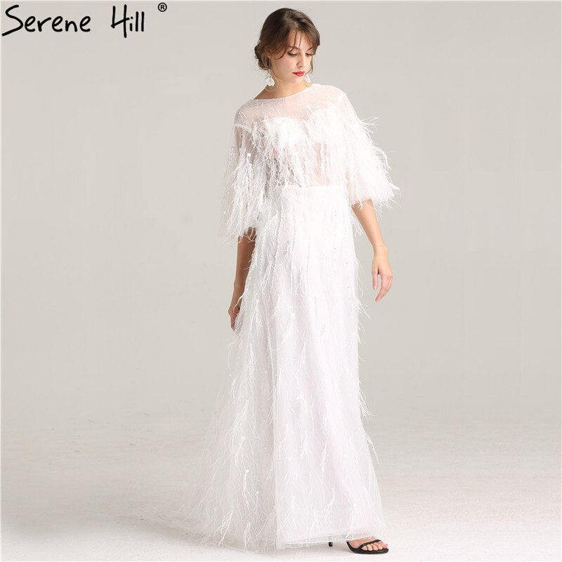 On Sale No Return No Refund Sale Half Sleeve Dream Feather Tassel  Evening Dresses 2025 White Pearls Fashion Sexy Formal Evening Gowns LA6225