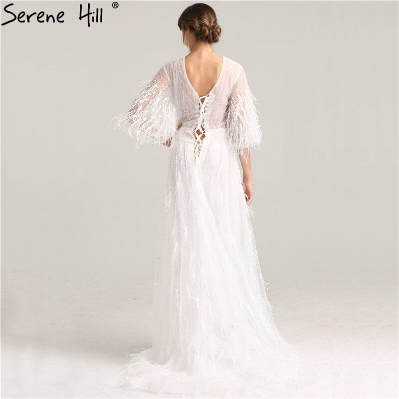 On Sale No Return No Refund Sale Half Sleeve Dream Feather Tassel  Evening Dresses 2025 White Pearls Fashion Sexy Formal Evening Gowns LA6225
