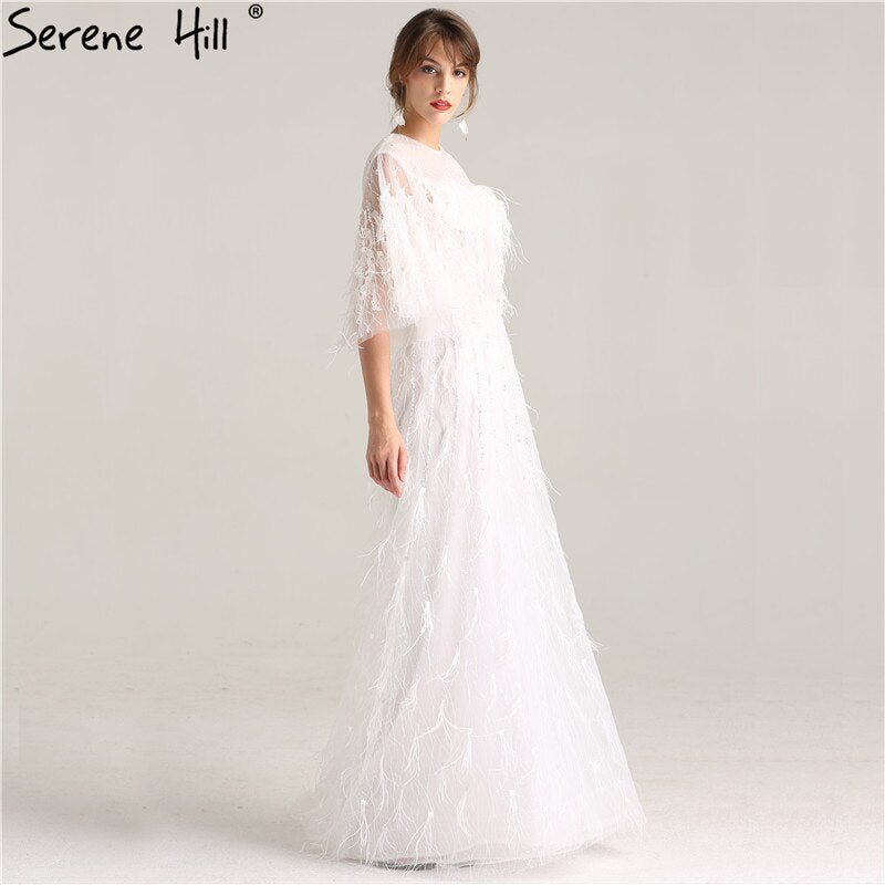 On Sale No Return No Refund Sale Half Sleeve Dream Feather Tassel  Evening Dresses 2025 White Pearls Fashion Sexy Formal Evening Gowns LA6225