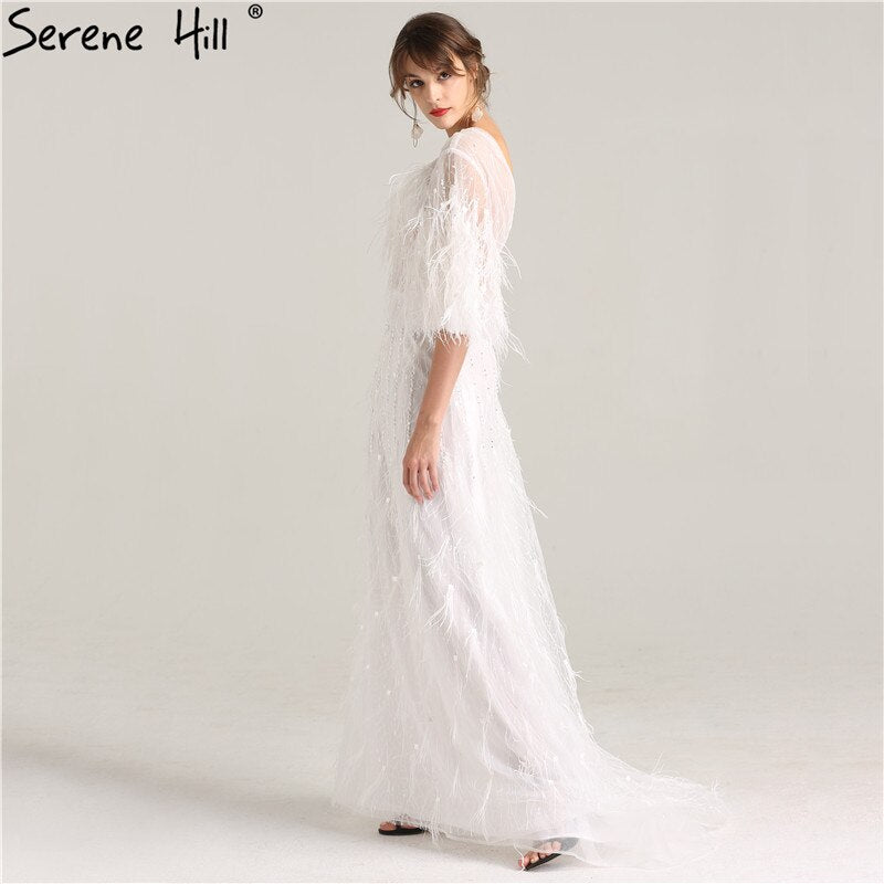 On Sale No Return No Refund Sale Half Sleeve Dream Feather Tassel  Evening Dresses 2025 White Pearls Fashion Sexy Formal Evening Gowns LA6225