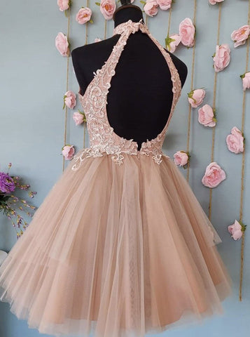 Robes de bal courtes mignonnes en tulle et dentelle dos nu, robes de soirée 