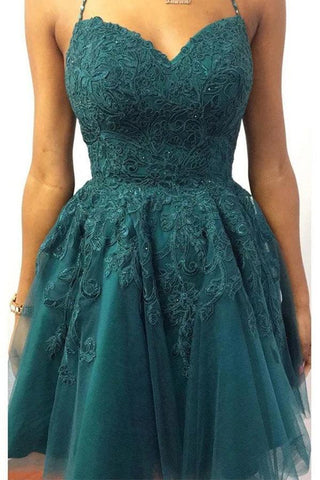 Robe de bal courte en dentelle vert émeraude à col halter, modèle PD448