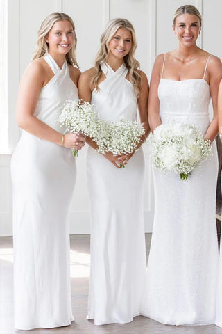 Vestido largo blanco de dama de honor con escote halter y espalda descubierta BD120