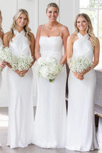 Robe de demoiselle d'honneur longue blanche à dos nu et col halter BD120