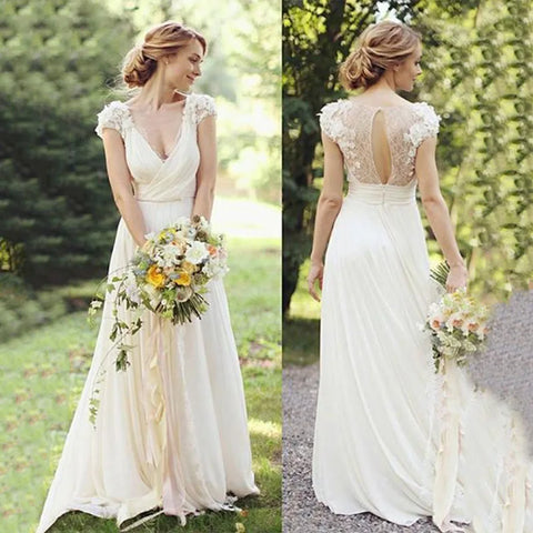 Vestido de novia de alta costura blanco con apliques 3D, escote en V profundo, espalda descubierta, cola de satén, corte en A, confeccionado a medida. 