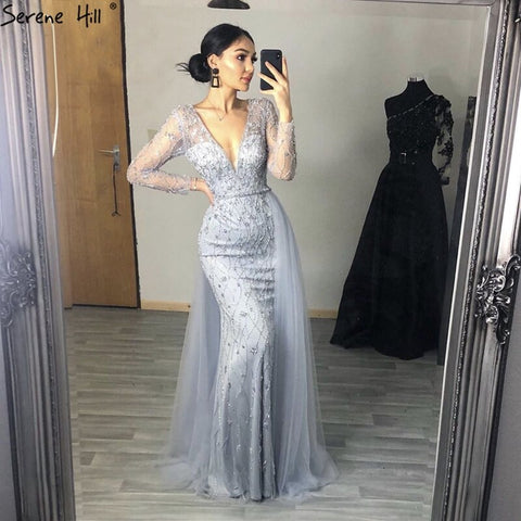 Dubai Luxury Grey With DetachableTrain Evening Dresses 2025 Long Diamond Mermaid Beading Formal Dress LA70341