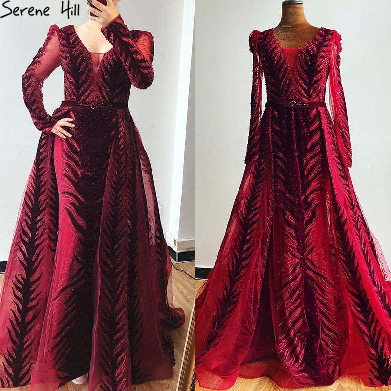 Velvet Wine Red Evening Dresses Long Sleeves Luxury Design Beading  Formal Dress 2025 Plus Size LA60903