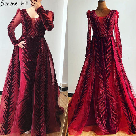 Vestido de noche de terciopelo rojo vino, mangas largas, diseño de lujo, con cuentas, vestido formal, talla grande 2025, LA60903 