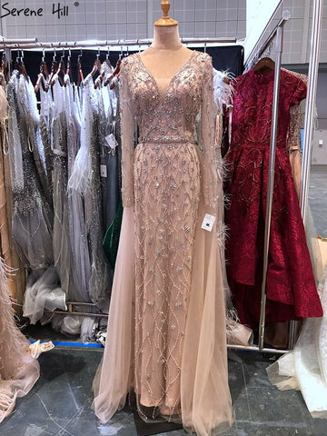 Dubai Luxury Grey With DetachableTrain Evening Dresses 2025 Long Diamond Mermaid Beading Formal Dress LA70341