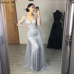 Dubai Luxury Grey With DetachableTrain Evening Dresses 2025 Long Diamond Mermaid Beading Formal Dress LA70341