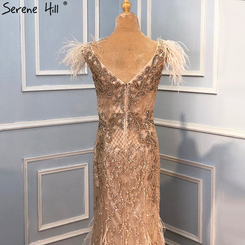 Champagne Luxury V-Neck Sexy Mermaid Evening Dresses 2025 Diamond Feathers Sleeveless Formal Dress LA70350