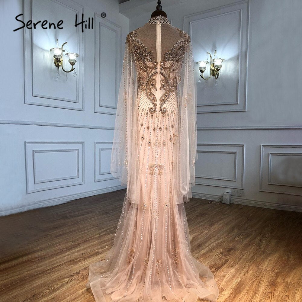 Luxury Grey Nude Cape Sleeves Evening Dresses Gowns 2025 Beaded Mermaid Elegant Sexy For Woman Party  LA71187