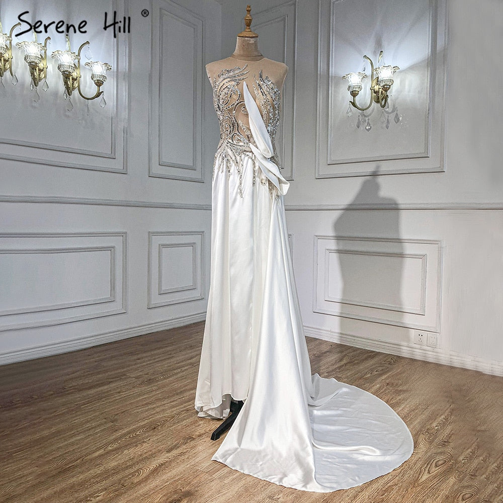 Beige Mermaid Overskirt Evening Dresses Gowns 2025 Satin Beaded Elegant For Women Party LA71199