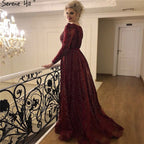 Velvet Wine Red Evening Dresses Long Sleeves Luxury Design Beading  Formal Dress 2025 Plus Size LA60903