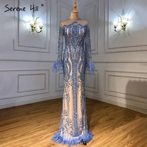 Vestidos de noche de lujo estilo sirena, con plumas y mangas largas azules, estilo sirena, colección 2025 LA60932 