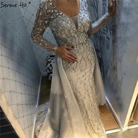 Dubai Luxury Grey With DetachableTrain Evening Dresses 2025 Long Diamond Mermaid Beading Formal Dress LA70341