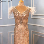 Champagne Luxury V-Neck Sexy Mermaid Evening Dresses 2025 Diamond Feathers Sleeveless Formal Dress LA70350