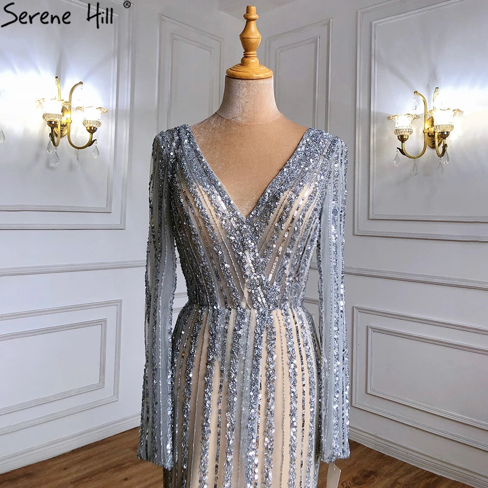 Silver Blue Mermaid Split Evening Dresses Gowns 2025 Beaded Elegant Luxury For Women Party LA71392