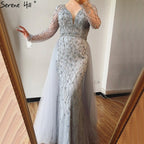 Dubai Luxury Grey With DetachableTrain Evening Dresses 2025 Long Diamond Mermaid Beading Formal Dress LA70341