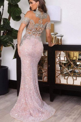 Vestido de fiesta sirena rosa de cuello alto y mangas cortas con apliques