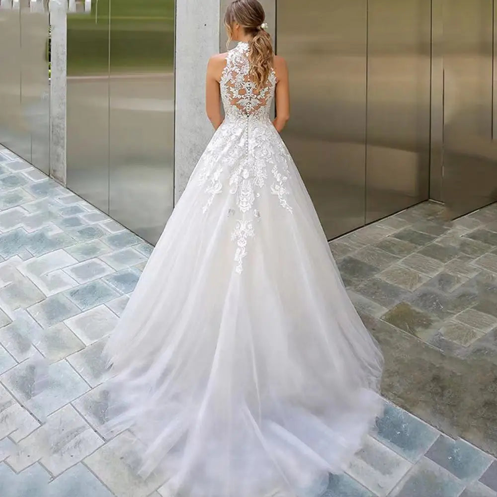 High Neck Vestidos De Novia Appliques Vestido De Noiva Sleeveless Wedding Dresses Lace Robe De Mariée